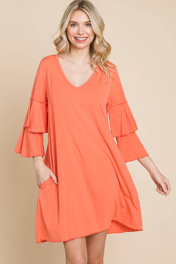 V Neck Ruffle Sleeve A Line Dress
