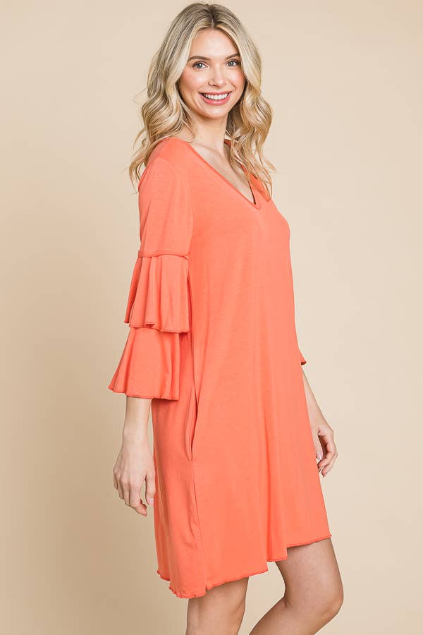 V Neck Ruffle Sleeve A Line Dress