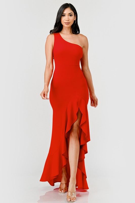 One Shoulder Asymmetrical High Low Ruffle Dress