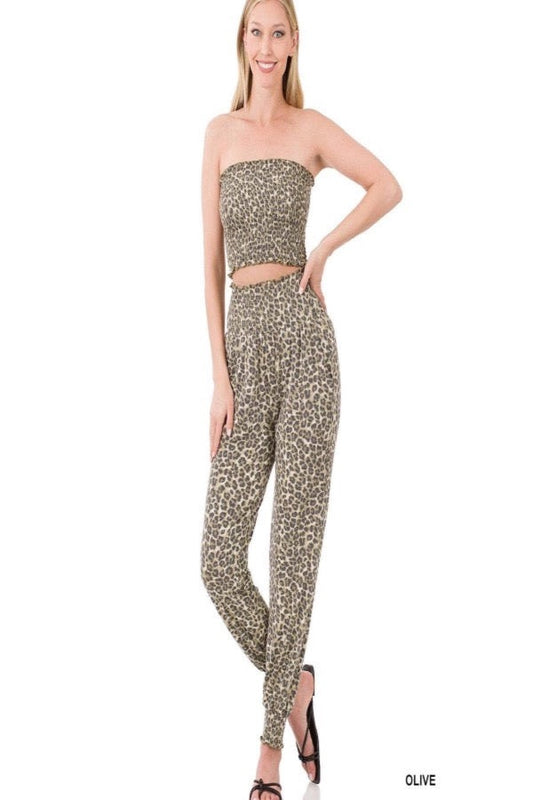 Leopard Smocked Tube Top & Jogger Pant Set