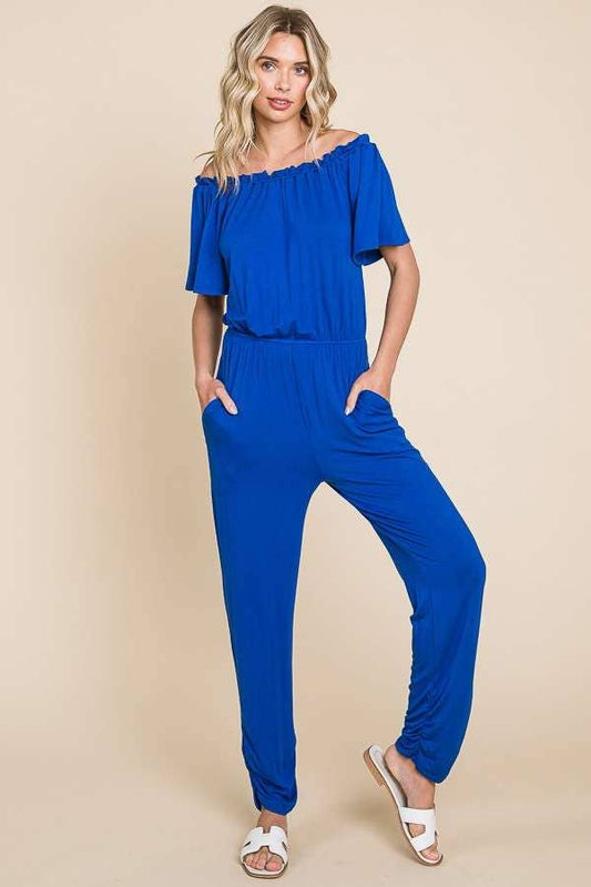 Off Shoulder Peasant Jumpsuit