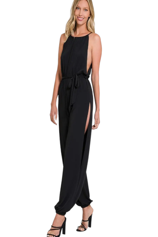 Halter Jumpsuit with Tie Waist and Side Split