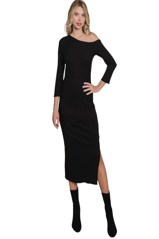 Asymmetric Neck Midi Dress