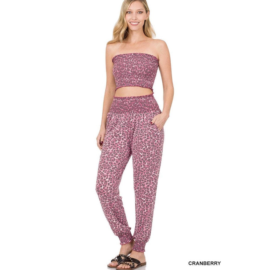Leopard Smocked Tube Top & Jogger Pant Set